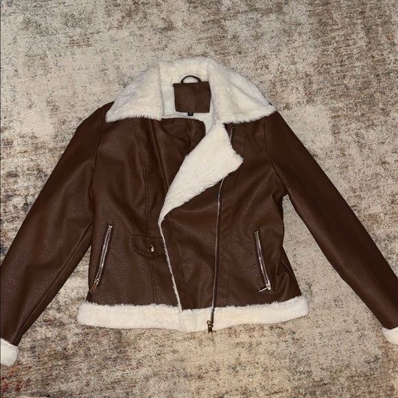 SHEIN Jackets & Blazers - SHEIN Brown Faux Leather Jacket with Cream Sherpa Trim